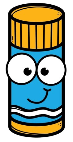 a cartoon pill bottle with eyes and mouth wide open, smiling for the camera to see