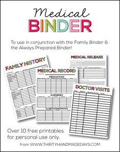 medical binder with the title over 10 free printables for personal use only