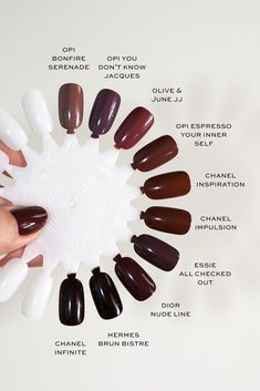 Cognac Nail Polish, Essie Brown Nail Polish Shades, Opi Brown Red Nail Polish, Opi Brown Chrome Nails, Brown Opi Colors, Opi Dark Brown Nail Polish, Fall Nail Colors Opi Dip, Brown Nails Essie, Best Brown Nail Polish Shades