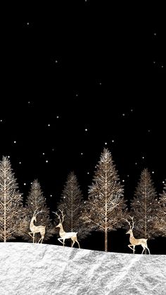 three deer running in the snow at night with trees and stars behind them on a black background