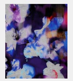 an abstract painting of flowers in blue, pink and white