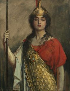 a painting of a woman with a golden headdress and holding a staff in her hand