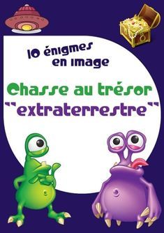 an image of two cartoon animals in front of a sign with the words chasse au tresor extraterreste