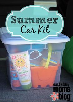 a plastic container filled with baby items and the words summer car kit