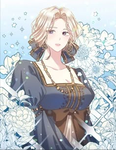 an anime character with blonde hair and blue dress standing in front of white flowers on a blue background