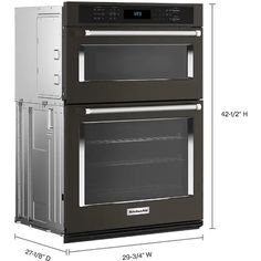 the double oven is shown with its door open and measurements for each item in front