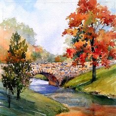 a watercolor painting of a stone bridge over a river