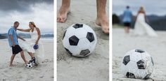 a man and woman standing on top of a sandy beach next to a soccer ball