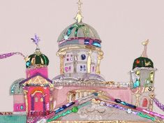 an artistic painting of a building with lots of decorations on the front and side of it