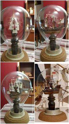 there are four pictures of a glass globe with a boat inside