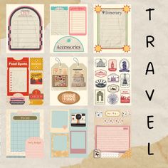 an assortment of travel stickers on top of a piece of paper with the words travel