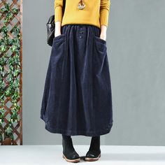 Vintage Elastic Waist Cotton Corduroy Skirt Dec 2020-New Arrival One Size Blue Pinterest Women, Rok Midi, Flannel Skirt, Midi Skirt Casual, Sundress Casual, Mid Skirt, Mid Calf Dresses, Winter Skirt, Long Maxi Skirts