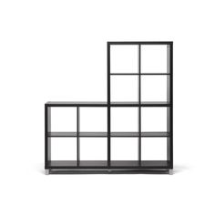 a black shelf with four shelves on each side