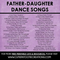 an advertisement for father daughter dance songs, with the names and numbers in purple on it