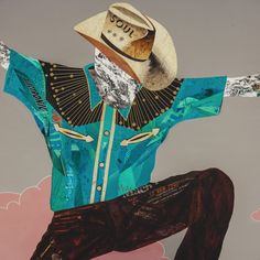 a painting of a man wearing a cowboy hat and holding his arms out in the air