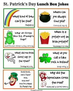 st patrick's day lunch box jokes for kids with pictures and text on them