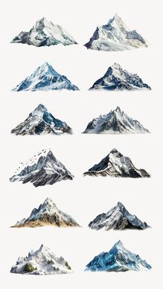 the different types of mountains are shown in this set, including snow capped peaks and clouds