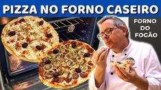 a man holding a slice of pizza in front of an open oven with the words pizza no formo caseiro