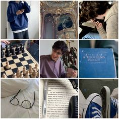 a collage of photos with people playing chess and other things on the table, including books