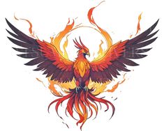 an orange and red bird with flames on it's wings