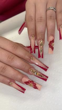 Charro Nails Designs Red, Red Virgencita Nails, Red And Gold Birthday Nails, Red And Gold Acrylics, Burgundy And Gold Nails Acrylic, Red And Gold Quince Nails, Red And Gold Nails Acrylic, Red Vacation Nails, Red And Gold Nails Ideas