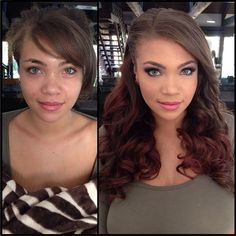 three different pictures of a woman with brown hair and blue eyes, one showing the same makeup