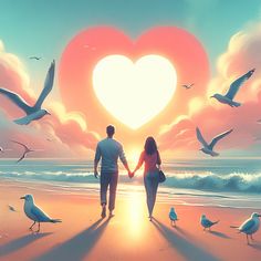 a man and woman holding hands while walking on the beach with seagulls surrounding them