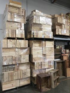 stacks of wooden boxes in a storage room