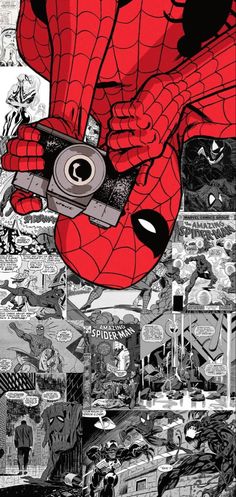 a spiderman holding a skateboard in front of a collage of comic characters