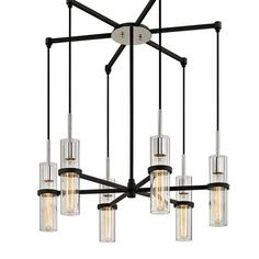 a large chandelier with six lights hanging from it's center and four glass tubes