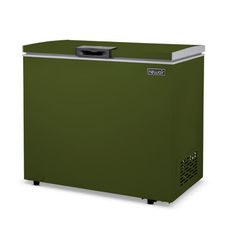 a green chest freezer sitting on top of a white table