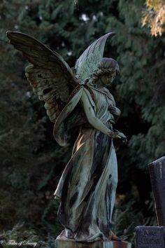 a statue of an angel holding a bird