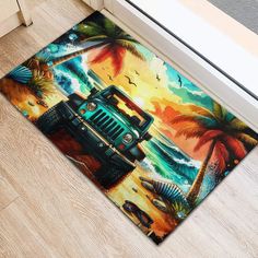 a door mat with a painting of a truck on the beach and palm trees in the background