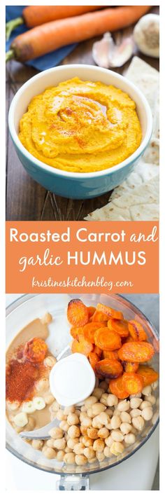 roasted carrots and garlic hummus in a bowl next to other food on a table