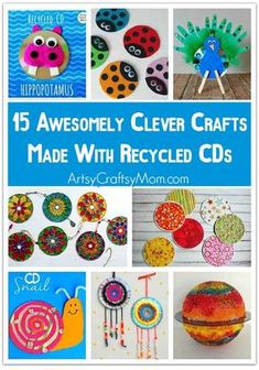 some crafts that are made with recycled materials and the words, 15 awesome clever clever crafts made with recycled cds