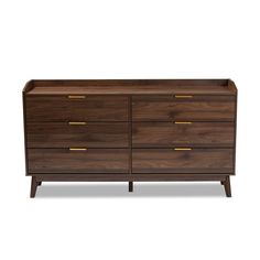 the chest of drawers is made from wood and has two brass pulls on each side