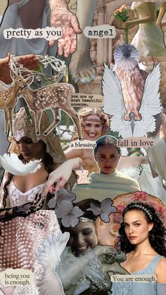 a collage of different images with words and pictures on the bottom, including an angel