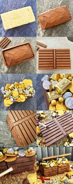 several pictures of different types of chocolates and candy bars in various stages of being made