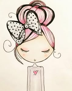 a drawing of a girl with pink hair wearing a polka dot bow and holding a heart