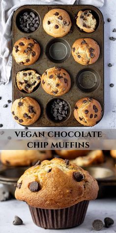 vegan chocolate chip muffins in a muffin tin with the title above it