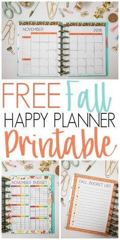 the free happy planner printable is on display with other items and text overlay