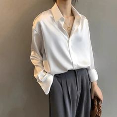 Basic Satin Shirt Blouses Overshirt Women, Streetwear Spring, White Lady, Straight Clothes, Casual Chique, Satin Long Sleeve, Women Long Sleeve Dress, Female Clothing, Top Shirt Women