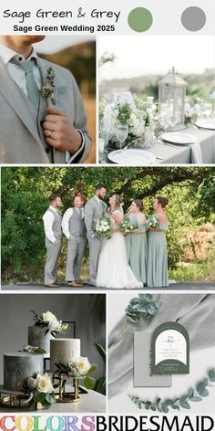 a collage of wedding photos with green and grey color palettes for the bride and groom