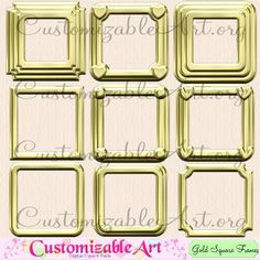 some gold frames with hearts on them and the words customizable art in white