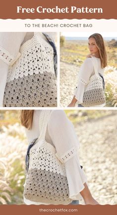 a woman carrying a crochet bag with the text free crochet pattern