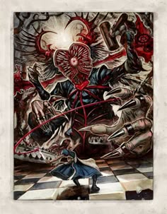 an image of a demonic demon attacking a man on a checkered floor with blood pouring out of his mouth