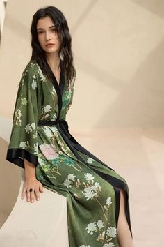 Spring V-neck Night Robe, Green Satin Sleepwear For Summer, Printed Sleepwear With Kimono Sleeves For Loungewear, Satin Floral Print Sleepwear, Floral Print Satin Sleepwear For Loungewear, Spring Green Printed Sleepwear, Silk Sleepwear For Spring Season, Spring Silk Sleepwear, Silk Summer Sleepwear For Home