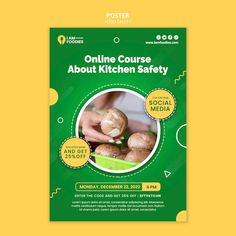 a green poster with mushrooms on it for the kitchen safety program, which is also available in