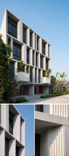 three different views of an apartment building with multiple balconies on each side and trees in the middle