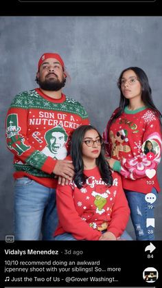 two women and a man wearing ugly sweaters in front of a gray background with text that reads,